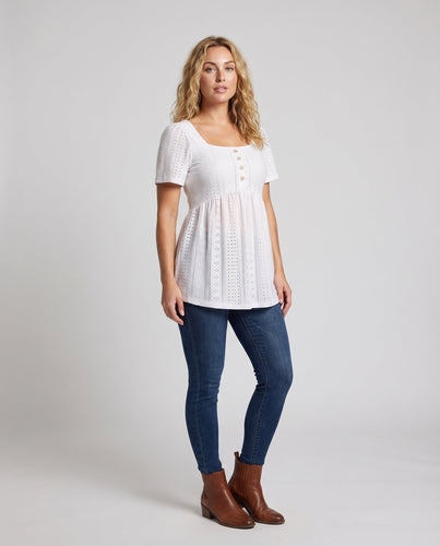 Damen Broderie Anglaise Tunika Puffärmel Empire-Taille Quadratischer Ausschnitt