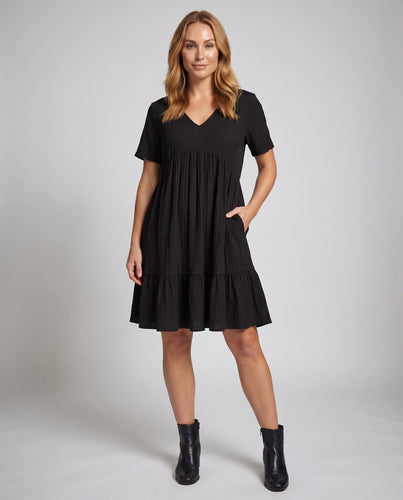 Damen Crinkle Swing Kleid V-Ausschnitt Empire Naht Geschichteter Rüsche