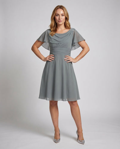 Damen Chiffon-Midikleid Wasserfall-Ausschnitt Volantärmel Raffung