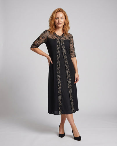 Damen Chiffon Midi Kleid Spitze Trim Stickerei Panel 3/4 Ärmel