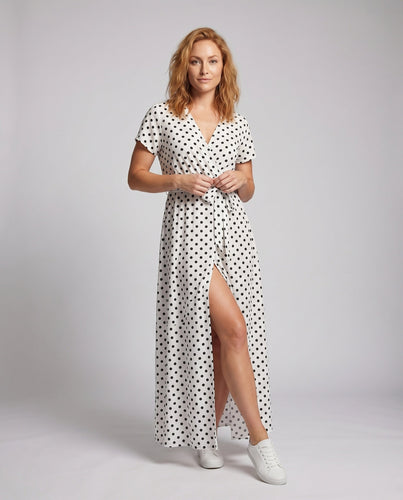 Damen Wickel-Maxi-Kleid Knoten-Taillebeule Beinschlitz Kurze Ärmel