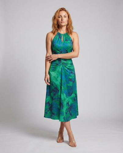 Frauen Halskette Midi Kleid Schlüssel-Loch Cut-Out Tailliert Gerafft