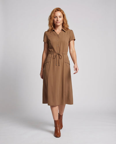 Damen Hemdkleid mit Kordelzug-Taille, Aufgesetzte Taschen, Hemdkragen
