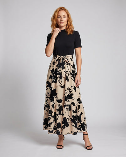 Frauen Maxi Kleid Gestufte Rüsche Band Kurzarm