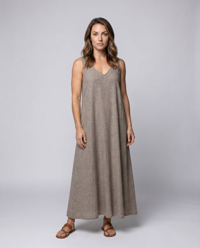 Damen Leinen Swing Kleid V-Ausschnitt Breite Träger Entspannt