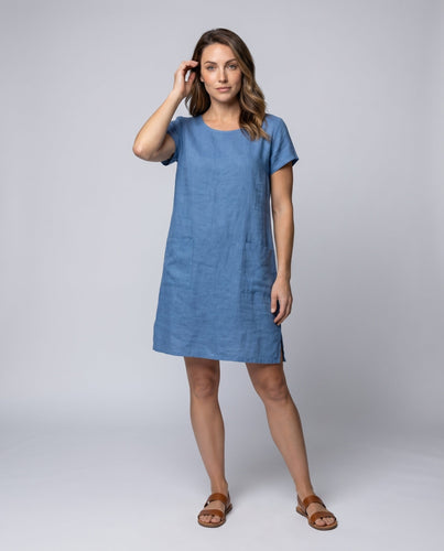 Damen Sommerkleid Leinenlook mit Taschen A-Linie Rundhalsausschnitt