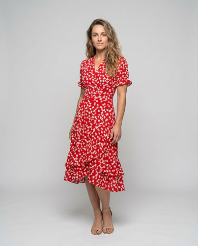 Damen Midi Kleid Wickeleffekt Geraffte Taille Stufenabschluß