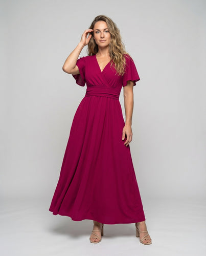 Damen Maxi Kleid V-Ausschnitt Taillenbund Kimono Ärmel