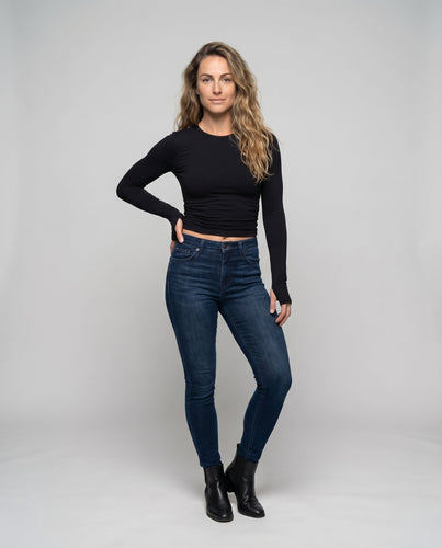 Damen Crop Top Daumenloch Langarm Rundhals