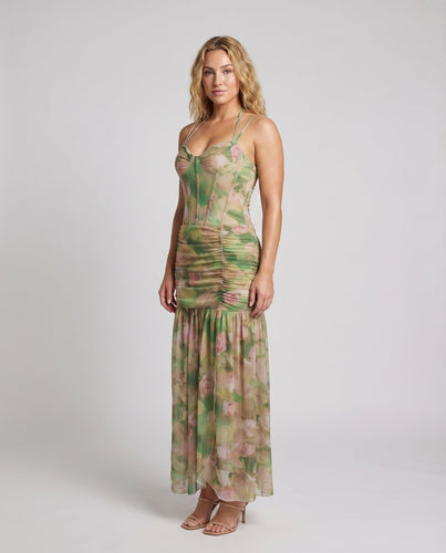 Damen Korsett Maxikleid mit gestuftem Saum und seitlich gerafften Cups