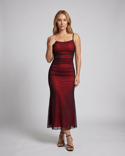 Damen Maxi Kleid Netz Overlay Seiten Raffung Spaghetti-Träger