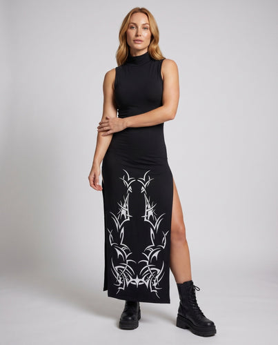 Damen Maxi Kleid Rollkragen Ärmellos Saum Druck