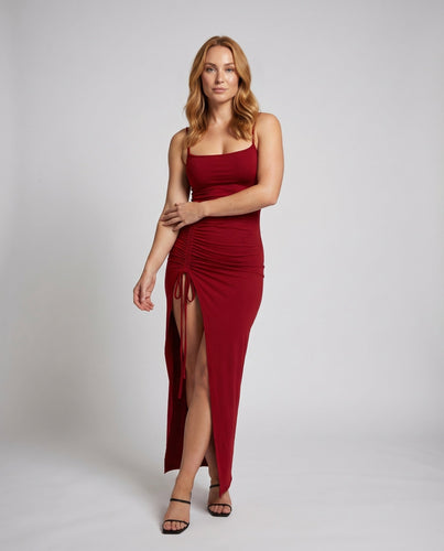 Damen Maxikleid Seitenrüschung Hoher Schlitz Verstellbar