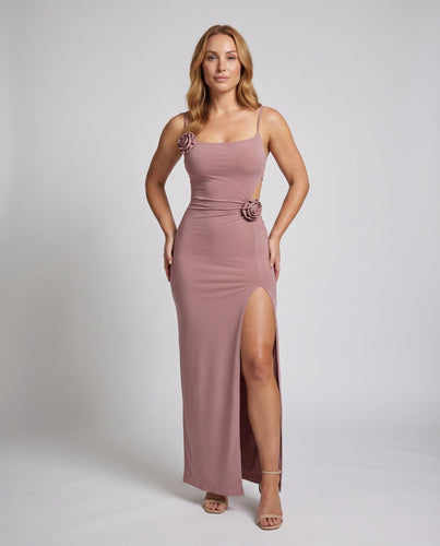 Damen Maxi Kleid Florale Applikationen Seitenschlitz Spaghetti-Träger