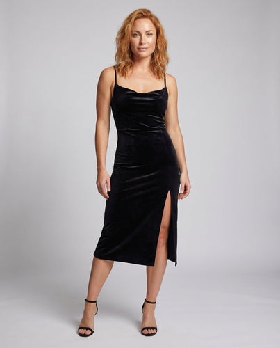 Damen Samt Midi Kleid Cowl Neck Seitenschlitz Schmale Träger