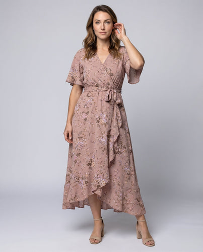 Frauen Midaxi Wickelkleid Hoch-Tief-Saum Flügelärmel Taschen