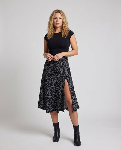 Damen Midi-Rock mit seitlichem Schlitz, floralen Druck und tailliertem Bund
