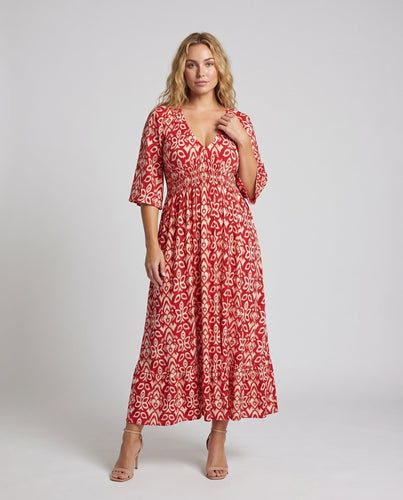 Damen Ikat Druck Maxi Kleid V-Ausschnitt Empire Taille Rüsche Rock