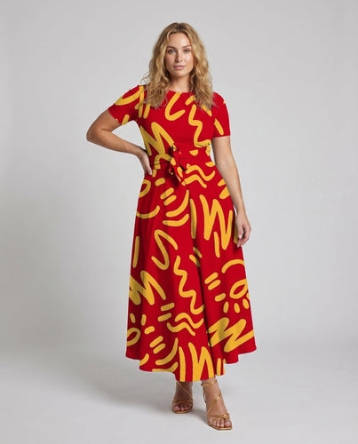 Damen Maxi Kleid Abstrakter Allover-Druck Taillenband Kurzarm