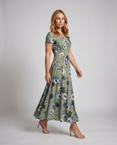 Damen Maxi Kleid Taillierte Oberteil A-Linie Rock Kurzarm