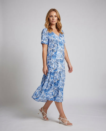Damen Midi Kleid V-Ausschnitt Stufenkleid Fließend