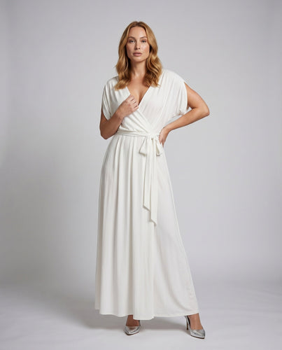 Damen Wickel-Maxi-Kleid V-Ausschnitt Fledermausärmel Taillengummi