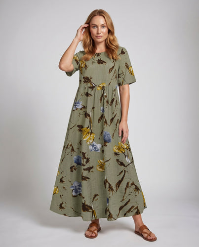 Damen Sommer Maxikleid Babydoll Silhouette Geraffte Taille Raffung Kurze Ärmel