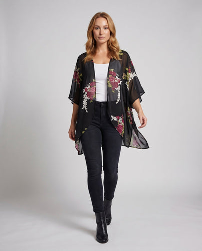 Frauen Kimono Wickeljacke Floral Drapierung Offene Vorderseite Kurzarm