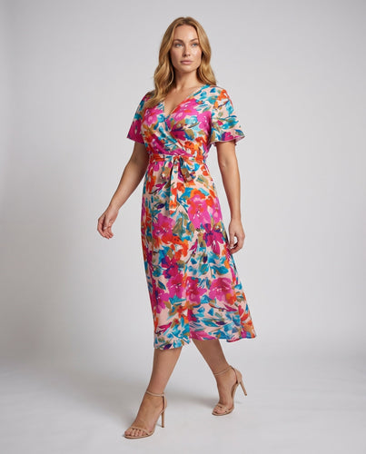 Damen A-Linie Wickel Midi Kleid V-Ausschnitt Knoten Taillenbund Kurzarm