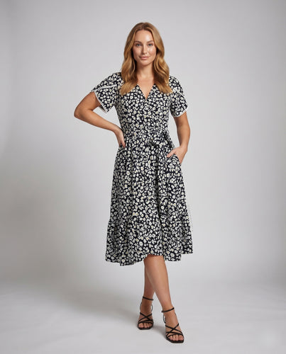 Damen Floral Tie Kleid V-Ausschnitt Rüschen Häkelärmel Saum
