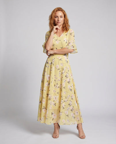 Damen Blum Maxi Kleid V-Ausschnitt Taillierter Oberteil Rüschensäume