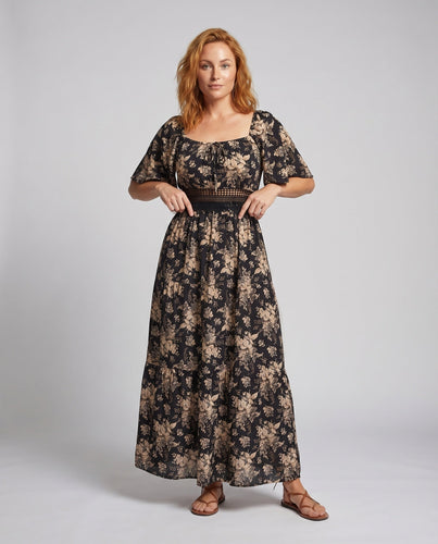 Frauen Blumen Midi Kleid Quadrat-Ausschnitt Häkel-Taille Seitentaschen