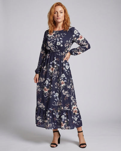 Damen Blumen Midi Kleid Empire Taille Bündchen Ärmeln Rüsche Saum