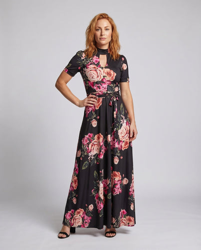 Damen Maxi Kleid Schlüsselloch-Ausschnitt Bindegürtel Kurzarm Figurbetont