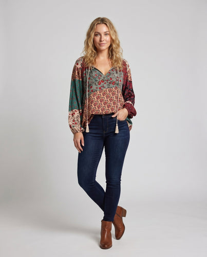 Damen luftiges Patchwork-Top mit Kordelzug