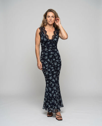 Damen Maxikleid mit elegantem Spitzenbesatz und Blumenmuster