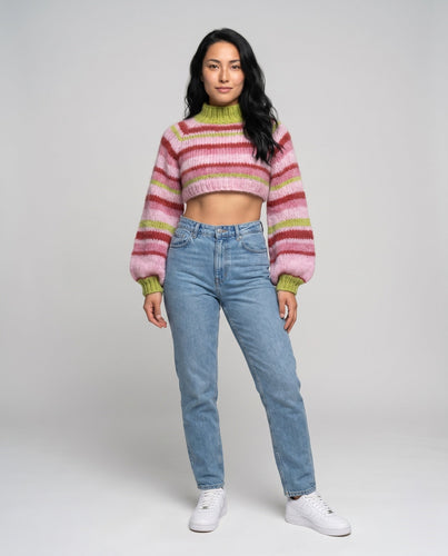 Damen modischer Strickpullover mit auffälligem Streifenmuster und voluminösen Ärmeln