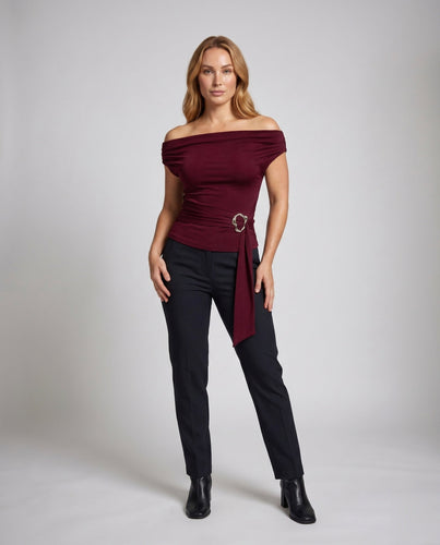 Damen Off-Shoulder Top mit elegantem Kordelzug und modischem Schnallenakzent