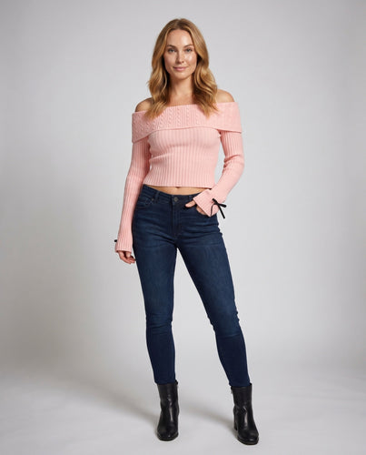 Damen Off-Shoulder Oberteil mit langen Ärmeln und raffiniertem Rippdesign
