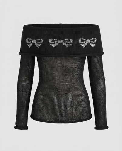 Damen Off-Shoulder Stricktop mit dekorativem Muster