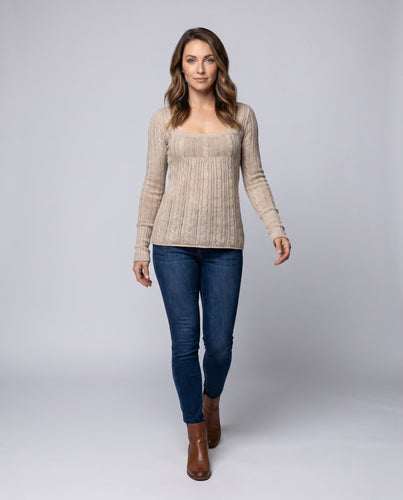 Damen Rippstrickpullover mit Carmen-Ausschnitt und langen Ärmeln
