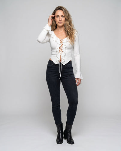 Damen Rüsche Oberteil mit tiefem V-Ausschnitt und langen Ä sleeves