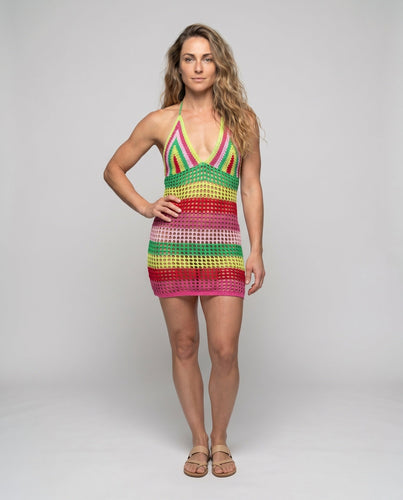 Damen Sommer Strickkleid mit V-Ausschnitt und Mesh-Design
