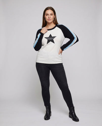 Damen Sport-Sweatshirt mit dekorativem Sternmuster und kontrastierenden Ärmelsch strichen