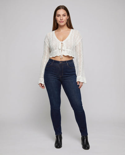 Damen Strick-Crop-Top mit luftiger Häkelstruktur und Bindeschluss