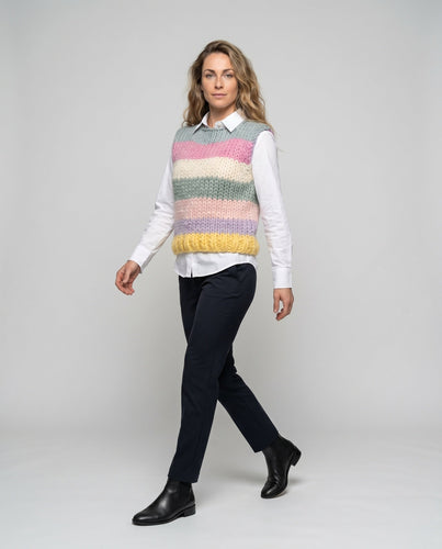 Damen Strickärmel Latzpullover mit buntem Streifenmuster