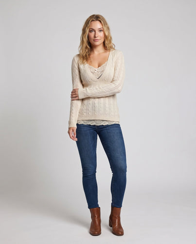 Damen Stricktop mit Spitzenrand und tiefem V-Ausschnitt