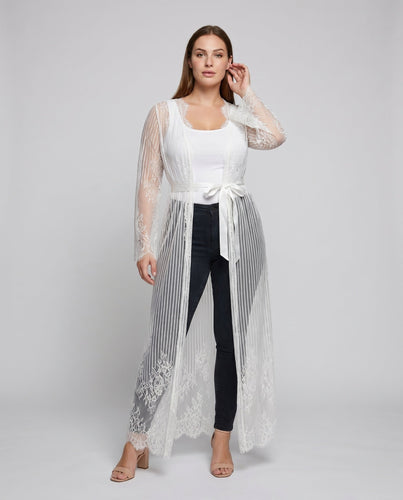 Damen Transparentes Spitzenkimono mit Bindegürtel