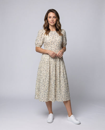 Damen Blumiges Midi-Kleid mit Puffärmeln und angenehmem Schnitt