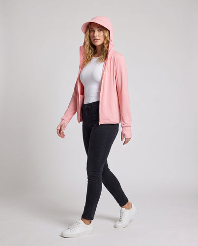 Damen nan leichte Sonnenschutz-Funktionsjacke mit Kapuze durchgehendem Reißverschluss Daumenlochbündchen und atmungsaktivem Mikromesh Echo Archiv